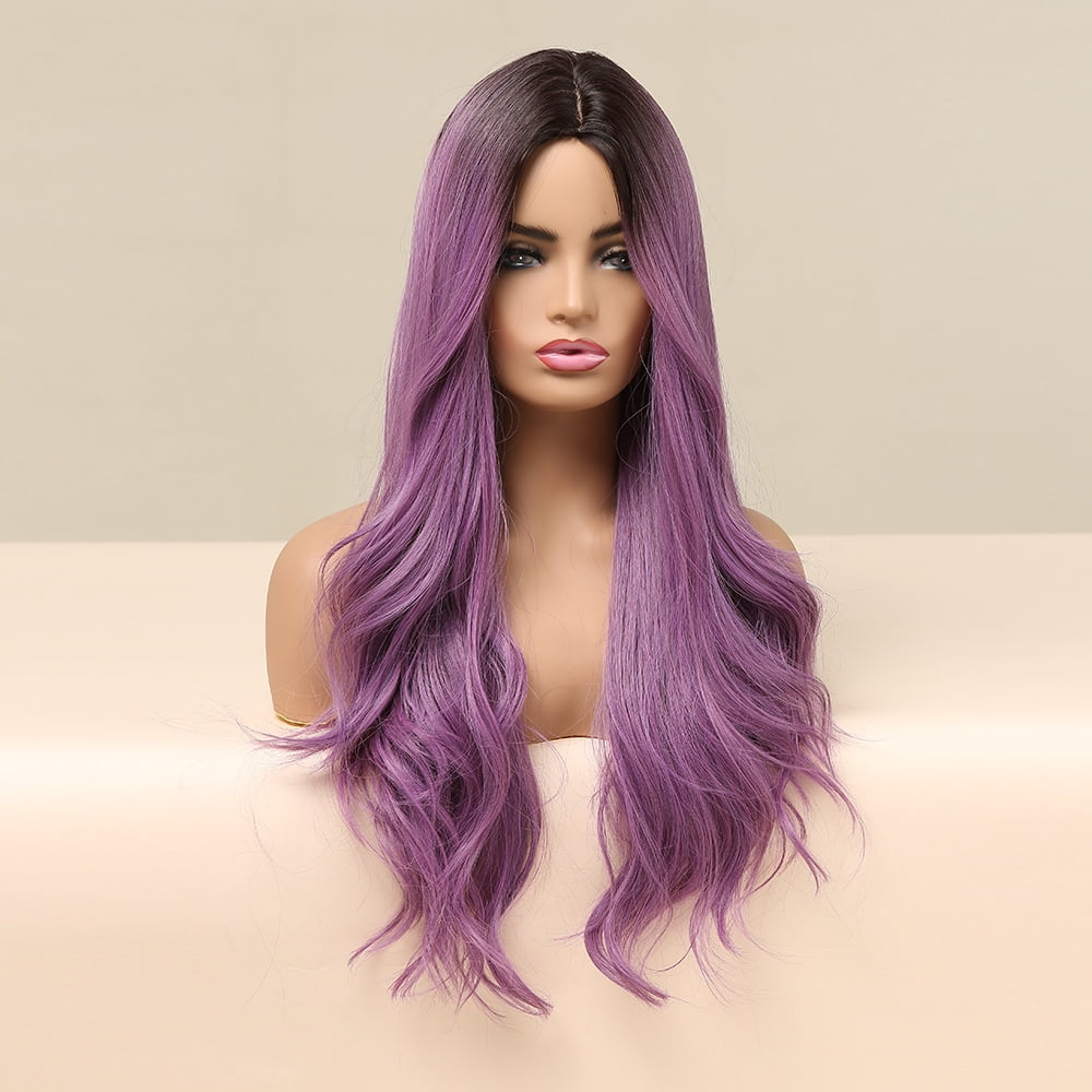 BERON Ombre Purple Long Wavy Wig Middle Part Wig for Women Heat Resistant Natural Looking Hair Wig for Party Cosplay