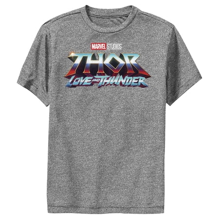 Boy s Marvel: Thor: Love and Thunder Classic Logo Performance Graphic Tee Charcoal Heather Medium