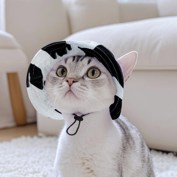 Pet Bucket Hat with Ear Holes for Cats & Dogs, Adjustable Breathable Sun Visor , UV Protection Outdoor Hat for Small/Medium Pets(Black&White-M)