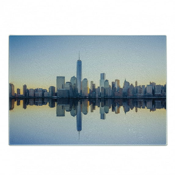 NYC Cutting Board, Manhattan Skyline with Freedom Tower Reflection on Water Shore Urban Scenery Photo, Decorative Tempered Glass Cutting and Serving Board, in 3 Sizes, by Ambesonne