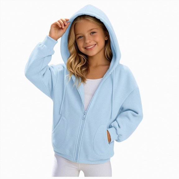 felwors Girls Zip Up Hoodie Kids Fashion Oversized Sweatshirt Jacket with Pockets Lightweight Preppy Sweatshirts (Light Blue,8-9 Years)