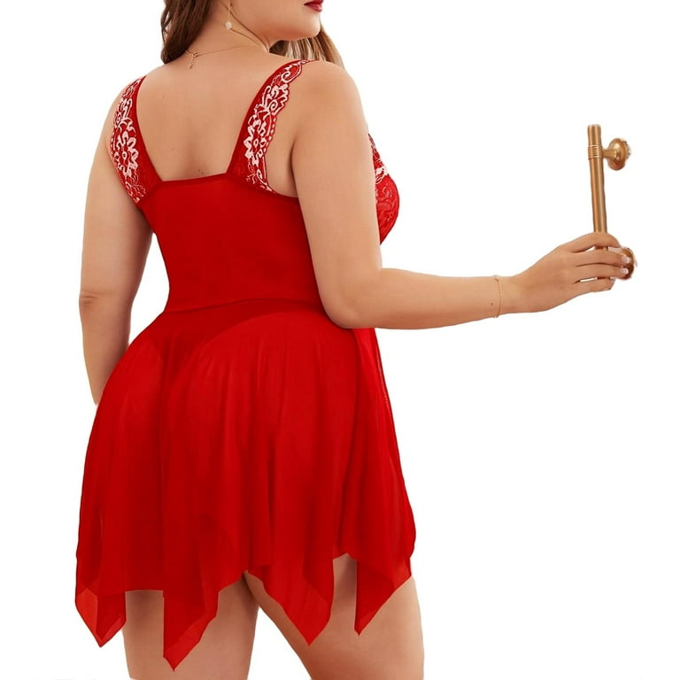 Plus Size Red Sheer Blossom Lingerie Babydoll & G-String - Spicy