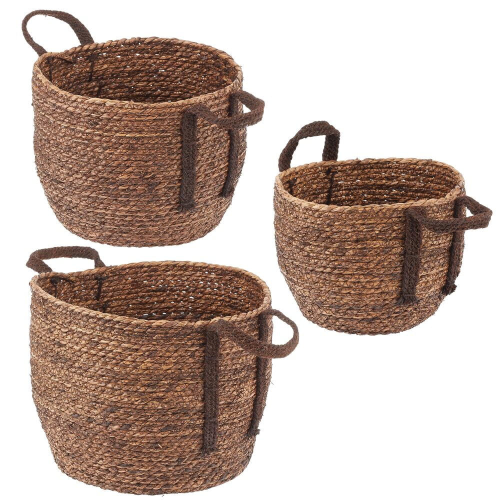 Portable Basket Cotton Rope Handle Round Natural Sea Grass Plant Storage Wood 