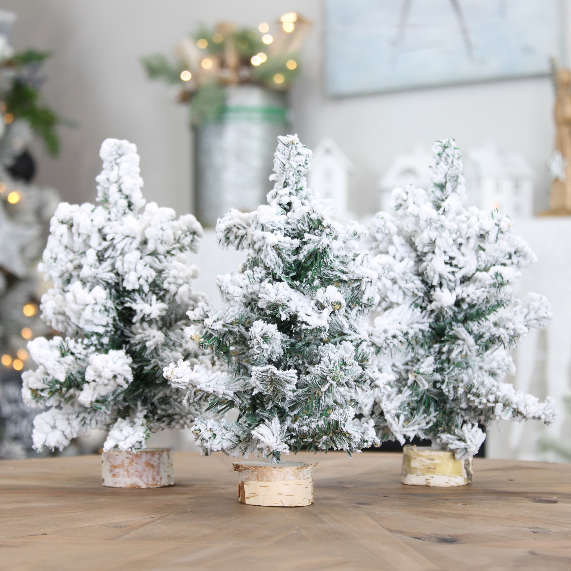 Winlyn 3 Pack Mini Canadian Pine Trees with Wood Bases Artificial Miniature  Christmas Trees and Rustic Planter for Holiday Season Tabletop Decoration