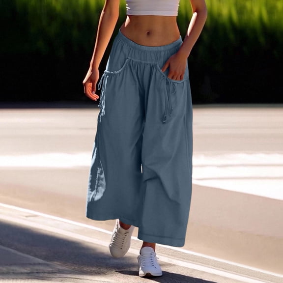 TYGHBN Women's Loose Wide Leg Track Pants Drawstring Pockets Elastic Waist Capri Hiking Pants Dress Pants for Women Business Casual with Pockets Came Sweatpants for Women Womens Pants with Pockets