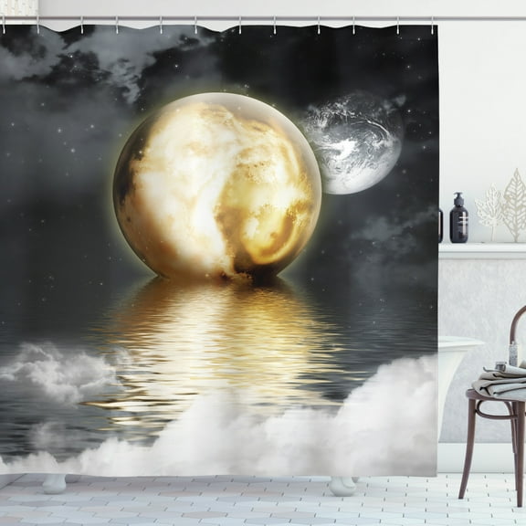 Ambesonne Moon Shower Curtain, Clouds and Greyscale World, 69"Wx84"L, Grey Pale Yellow White