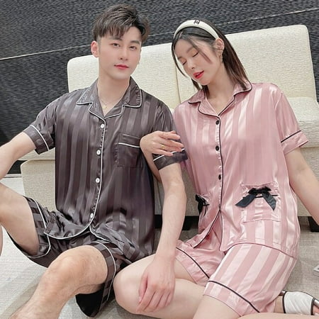 

DanceeMangoo Women Pajamas Summer Short Sleeve Satin Pajamas Sets Couple Sleepwear Family Pijama Lover Night Men & Women Casual Men Pyjamas
