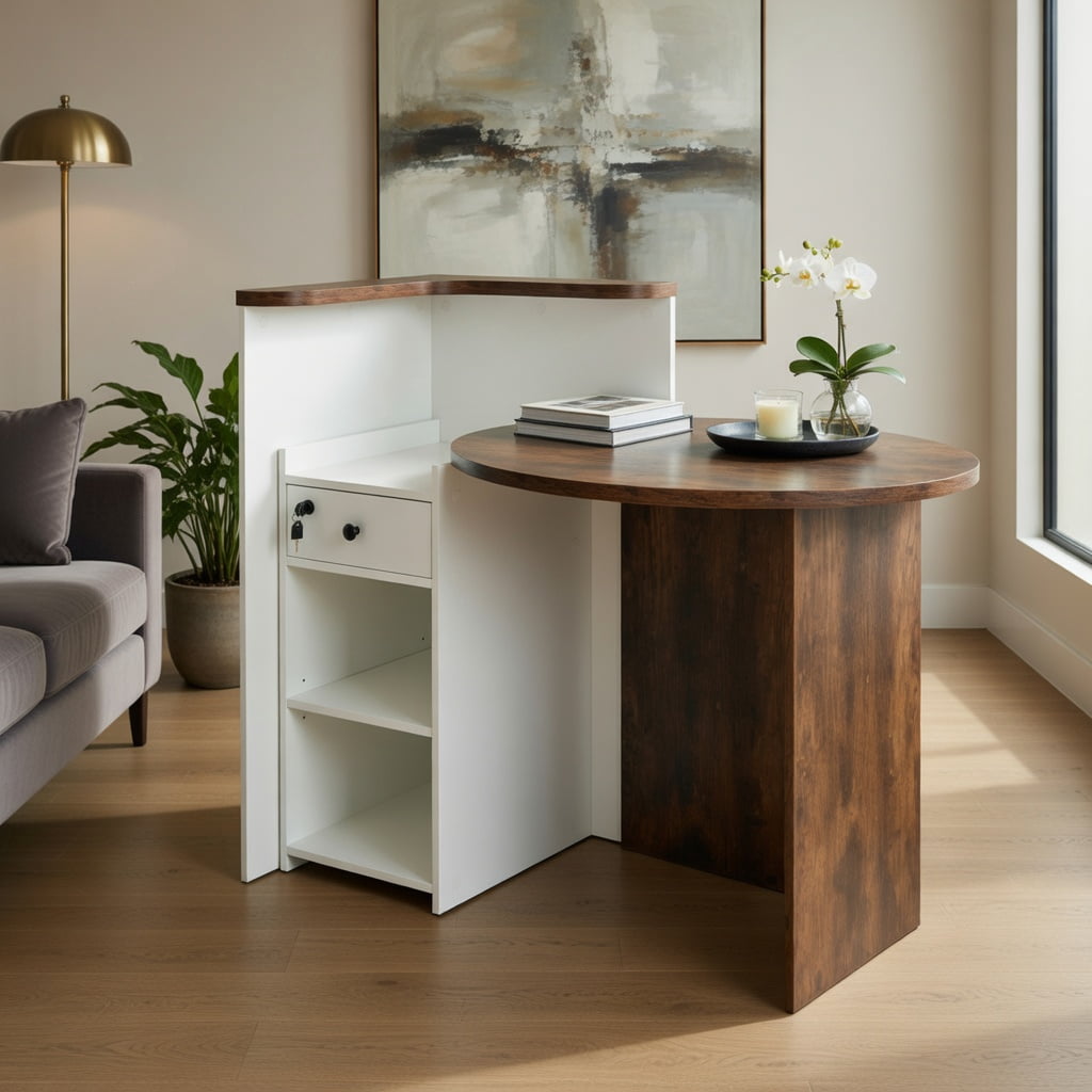 Demi Bonn Front Reception Office Desk with Open Shelf and Lockable Drawer, Small Home Computer Desk Study Writing Table, Brown + White