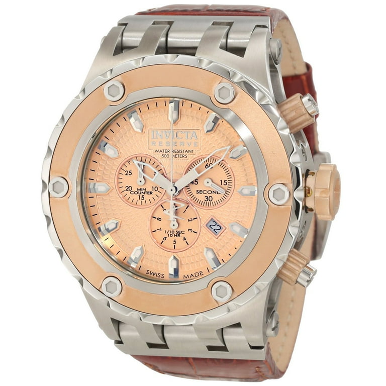 Invicta Men s 10084 Reserve Specialty Subaqua Rose Gold Tone Bezel Leather Strap Rose Gold Textured Dial Chronograph Dive Watch Walmart