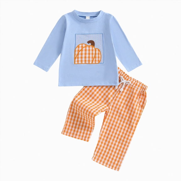 NOLDARES Toddler Baby Boy Fall Clothes Embroidery Shirt Top Elastic Waist Plaid Pants Set Trendy 2 Piece Outfit(Blue,2-3 Y)