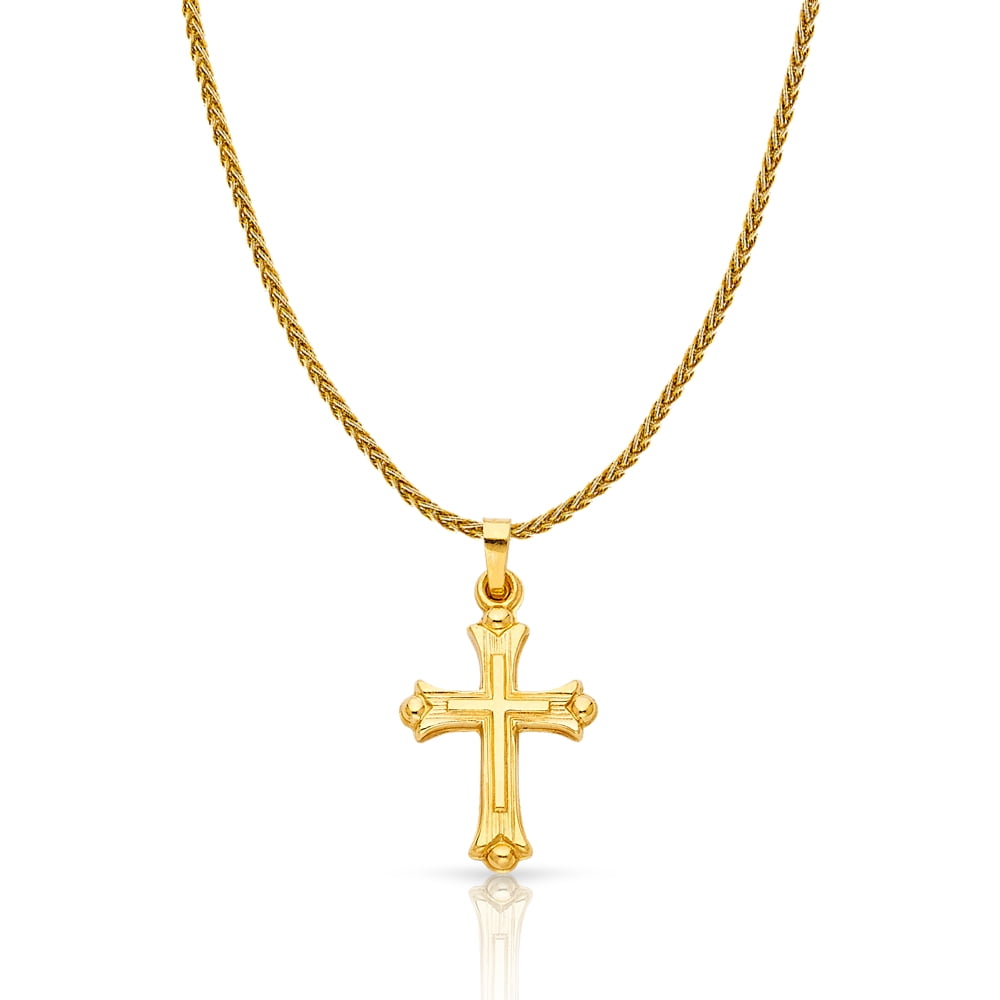 14K Two Tone Gold Cross Charm Pendant with 1.1mm Wheat Chain Necklace