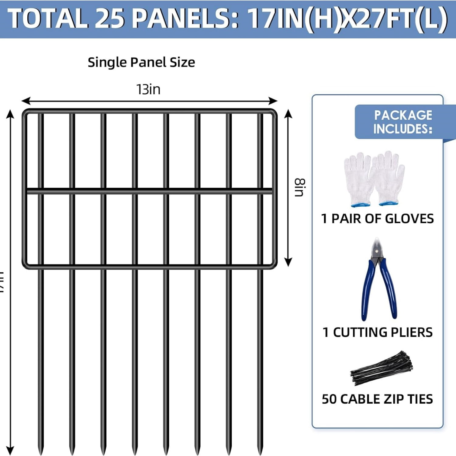 25 Pack Garden Animal Barrier Fence, 17in(H) x27ft(L) No Dig Decorative Fences, 1.5in Spike Spacing Rustproof Metal Garden Fence Border for Dogs Rabbits, Bottom Blocker for Outdoor Yard Patio
