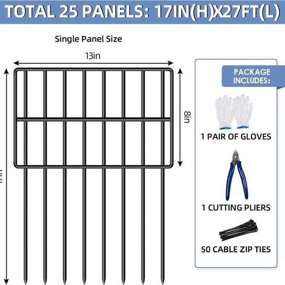 25 Pack Garden Animal Barrier Fence, 17in(H) x27ft(L) No Dig Decorative Fences, 1.5in Spike Spacing Rustproof Metal Garden Fence Border for Dogs Rabbits, Bottom Blocker for Outdoor Yard