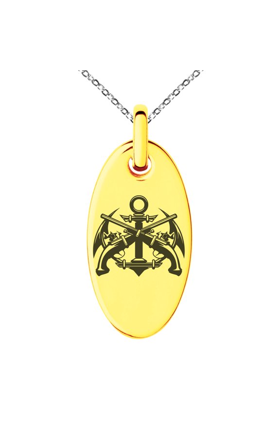 Stainless Steel Pirate Anchor & Pistols Emblem Engraved Small Oval Charm Pendant Necklace