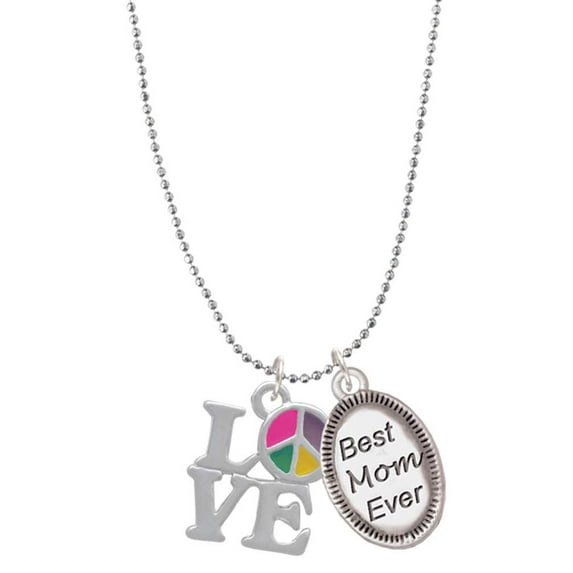 Delight Jewelry Silvertone Love with Multicolored Peace Sign Best Mom Ever Charm Necklace