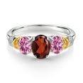 thumbnail image 2 of 925 Sterling Silver and 10K Yellow Gold Oval Red Garnet Pink Moissanite and White Diamond 3 Stone Ring for Women (2.45 Cttw, Gemstone January Birthstone, Available in Size 5, 6, 7, 8, 9), 2 of 3