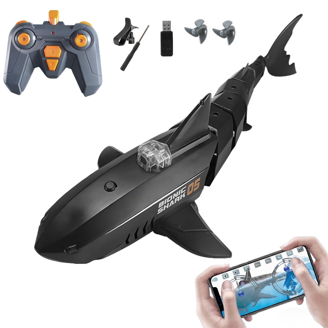 Remote Control Shark with HD Underwater Camera, 2.4G & APP Dual Control, 360° Movement, Dual Propellers, Water Swimming Fish, FPV RC Shark Boat for Adults Pool Pond Lakes Outdoor, Black