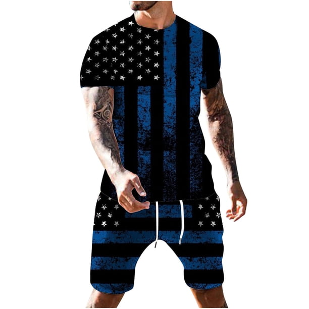 Hombres Casual Cuello redondo Día de la Independencia Impresión Blusa de manga corta y pantalones cortos Pantalones Traje de dos piezas Pompotops oipoqjl35659