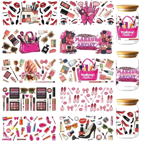 10 Sheets Makeup Theme UV DTF Cup Wraps Lipstick Blush Brushes Cosmetics Rub on Transfer Decals PVC Waterproof Cup Transfer Stickers