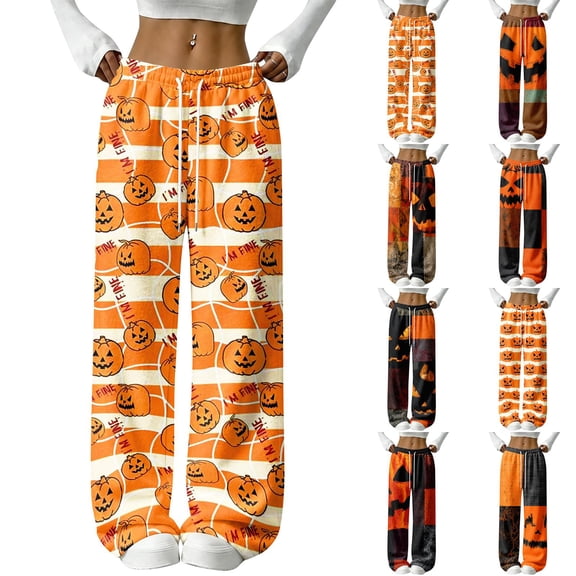 Hearthz Fleece Lounge Pants Ghost Pumpkin Spider Web Graphic Pajama Bottoms for Women Halloween Fall Winter Women's Fuzzy Plush Pajama Pants