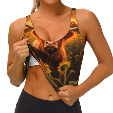 Qokaie Vintage Sunflower Cow B Pattern Womens Scoop Neck Sports Bra Breathable Workout Vest Padded U Back Medium Impact Fitness Gym Yoga Bra Workout Crop Top