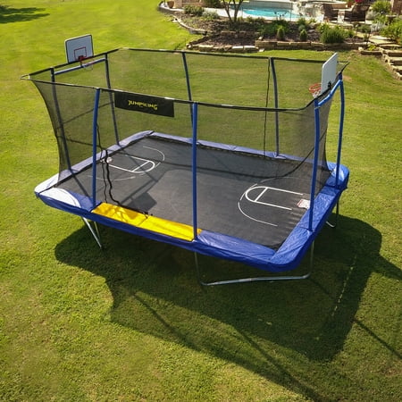 Jumpking Rectangle 10  x 15  Trampoline  with 2 Basketball Hoops  Footstep  and Court Print  Blue/Yellow