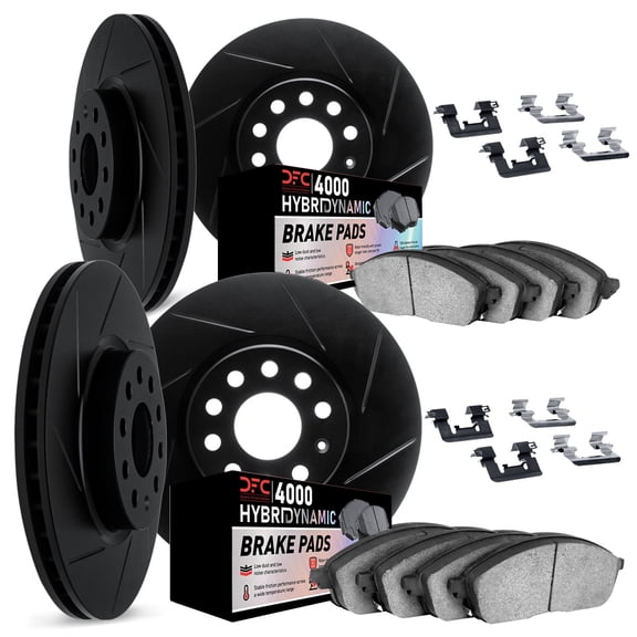 Dynamic Friction Company Front and Rear Brake Rotors Kit Slotted Black | 4000 HybriDynamic Brake Pads includes Hardware 3814-27075