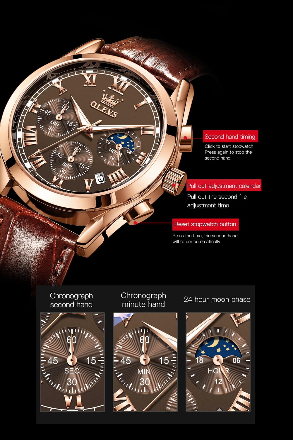 OLEVS Mens Watches Luxury Chronograph Moon Phase Waterproof Luminous Brown Leather Strap Date Rose Gold Classic Watch for Men