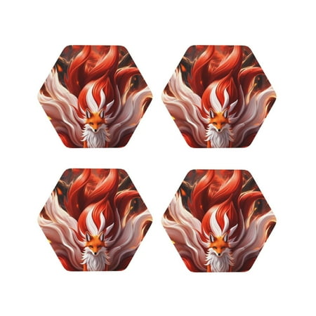 

Junzan Red Leaf Flame Fox Print Coasters for Drinks - Leather Coasters Set of 4 for Coffee Table for Housewarming/Kitchen/Bar/Decor-Hexagon