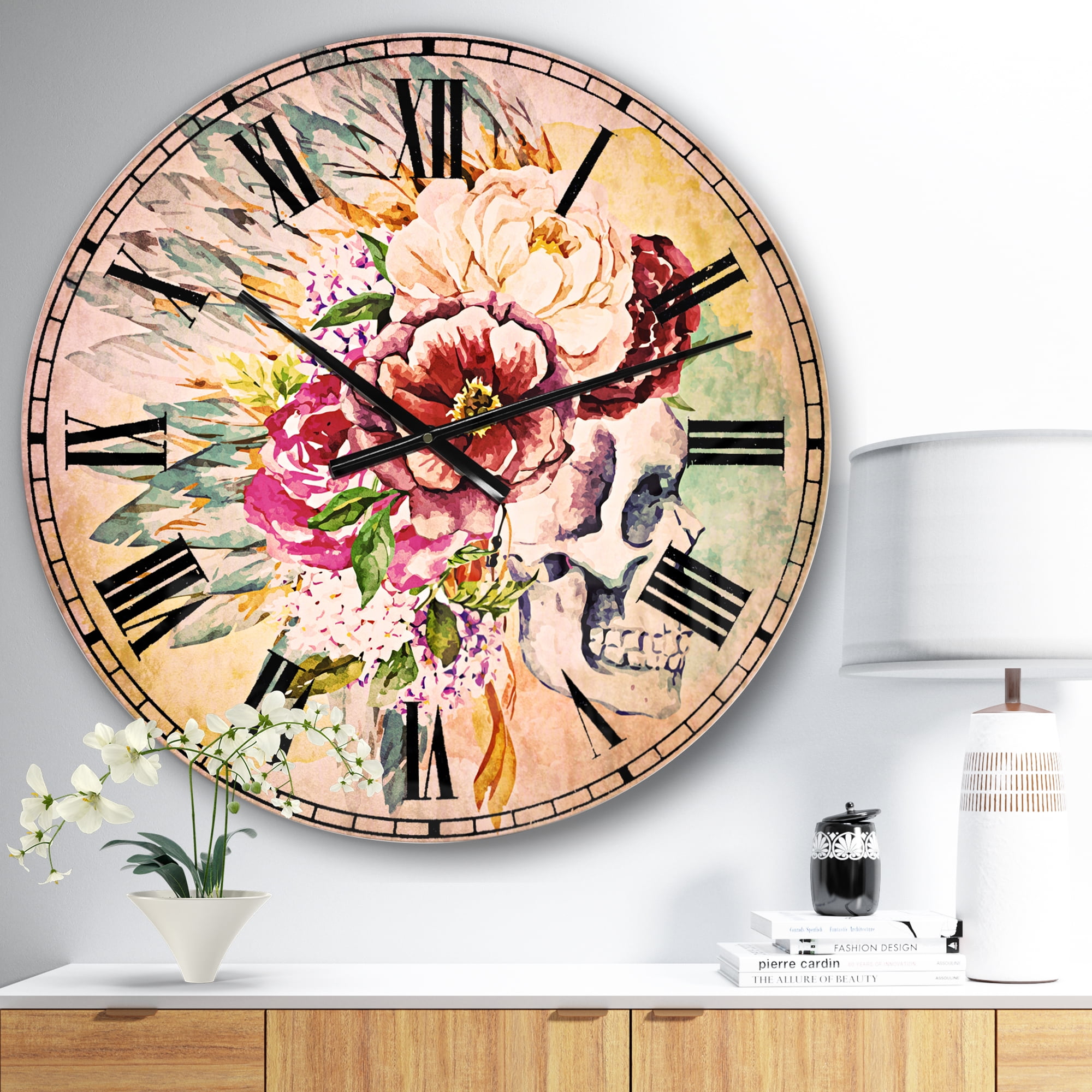 Designart 'Skull and Flowers' Bohemian wall clock