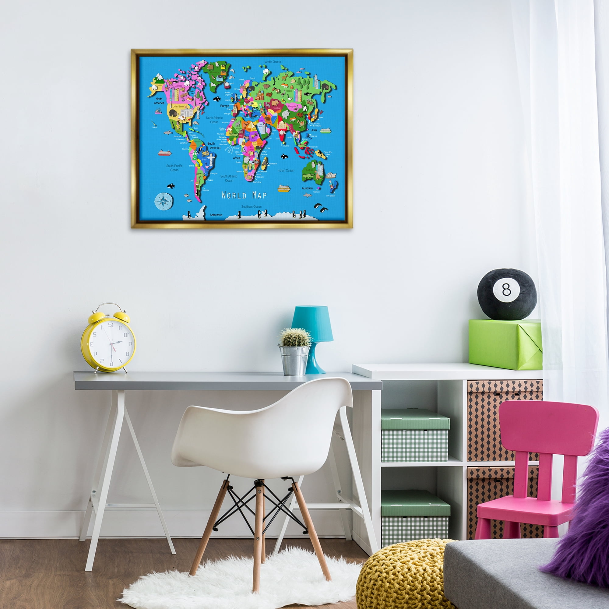 Stupell Industries Educational World Map Town & City Painting Gold Floater Framed Art Print Wall Art, 31 x 25