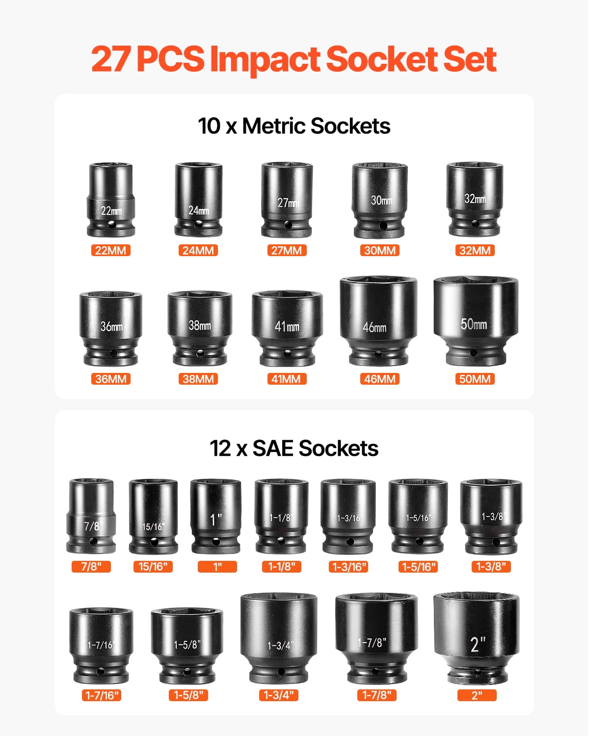 VEVOR 3/4 in Drive Impact Socket Set, 27 Pieces SAE 7/8 in to 2 in and Metric 22 mm to 50 mm, 6 Point Cr-V Alloy Steel for Auto Repair, Includes Extension Bars, Ratchet Handle and Storage Case