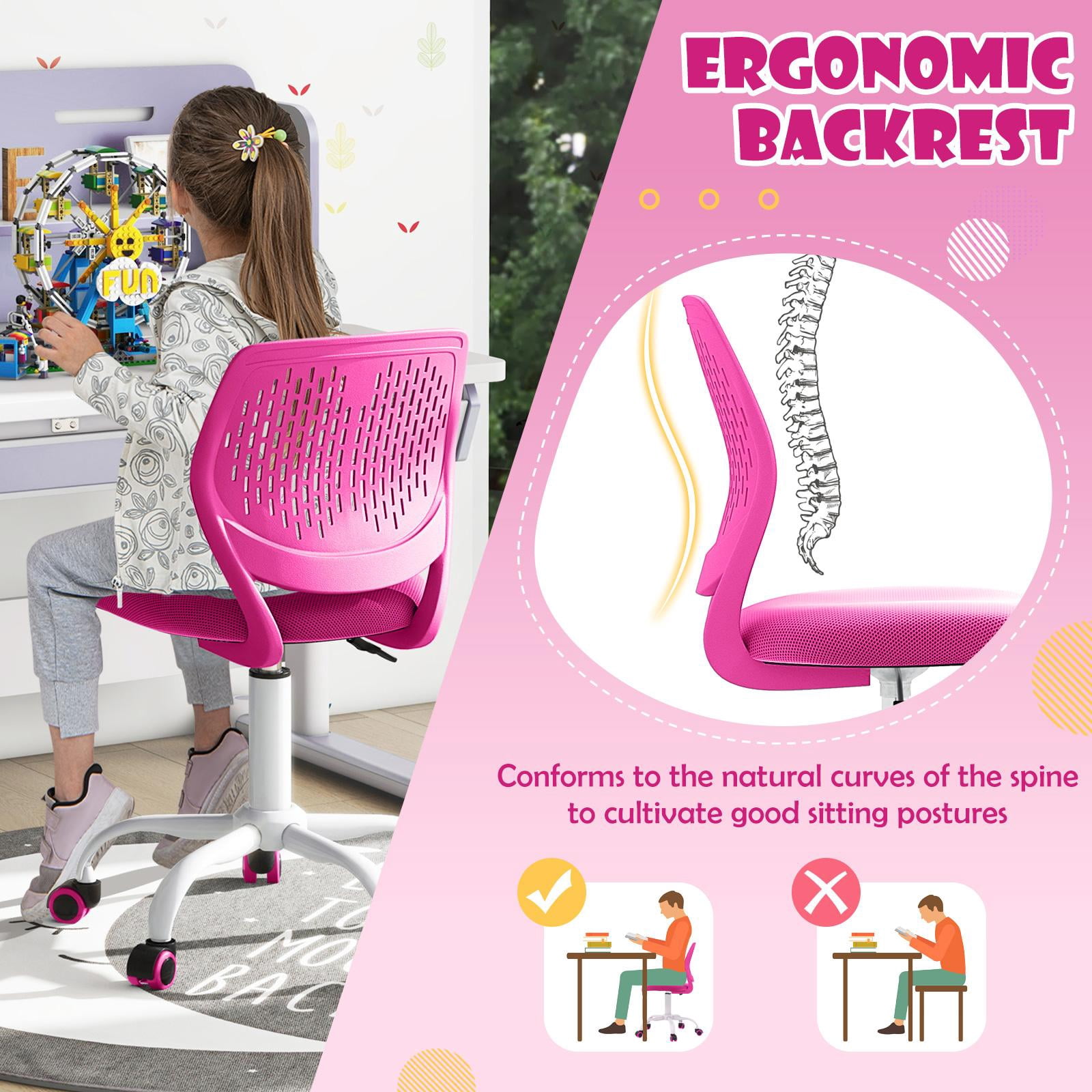 Giantex Kids Desk Chair, Adjustable Swivel Chair for Children, Armless Mesh Task Student Study Chair w/Lumbar Support & Adjustable Height, Rolling Computer Chair, Rose