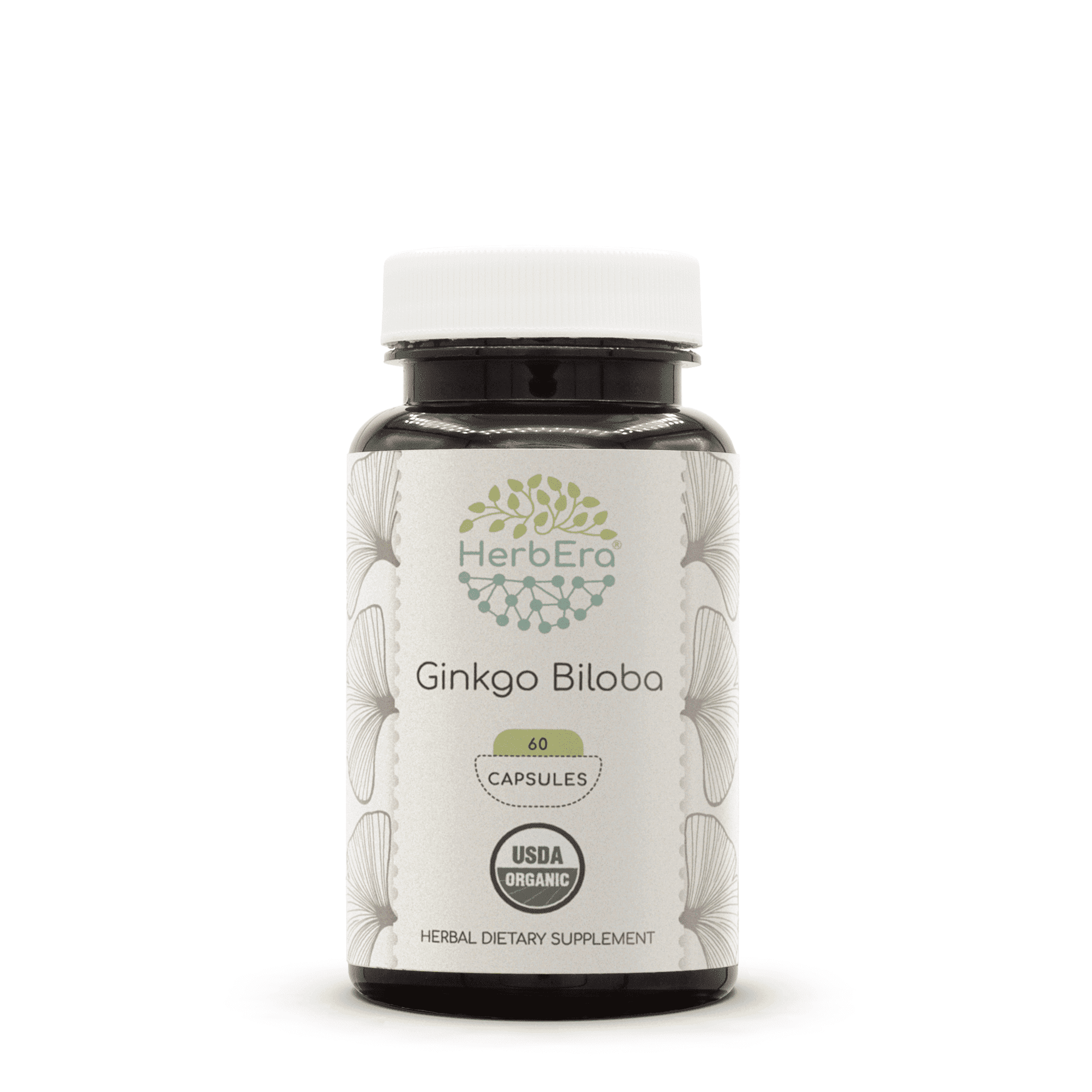 HerbEra Ginkgo Biloba Capsules, Organic Herbal Dietary Supplement for Memory Support, Certified Organic Ginkgo Biloba (Ginkgo Biloba) Dried Leaf Capsules, Natural, 60 Capsules