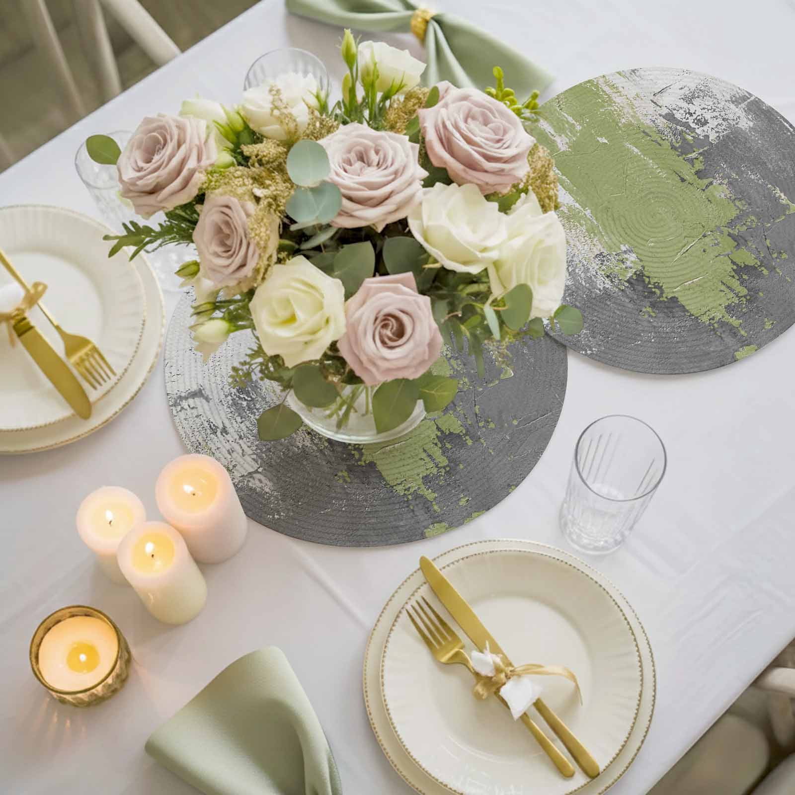 Sage Green Cement Gray Round 13 Inch Placemats Set of 2, Modern Abstract Art Green HeatResistant Non Slip Place Mats for Dining Table, Wipeable Braided Kitchen Table Mats for Housewarming
