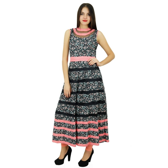 Bimba Robe de Créatrice pour Femme Imprimée à Fleurs Longue Kurti Sans Manches Tenue de Soirée Anarkali Kurta