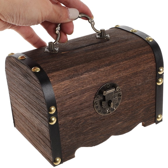 PENIKOKO Handmade Wooden Treasure Chest Coffee Color Bank Lock