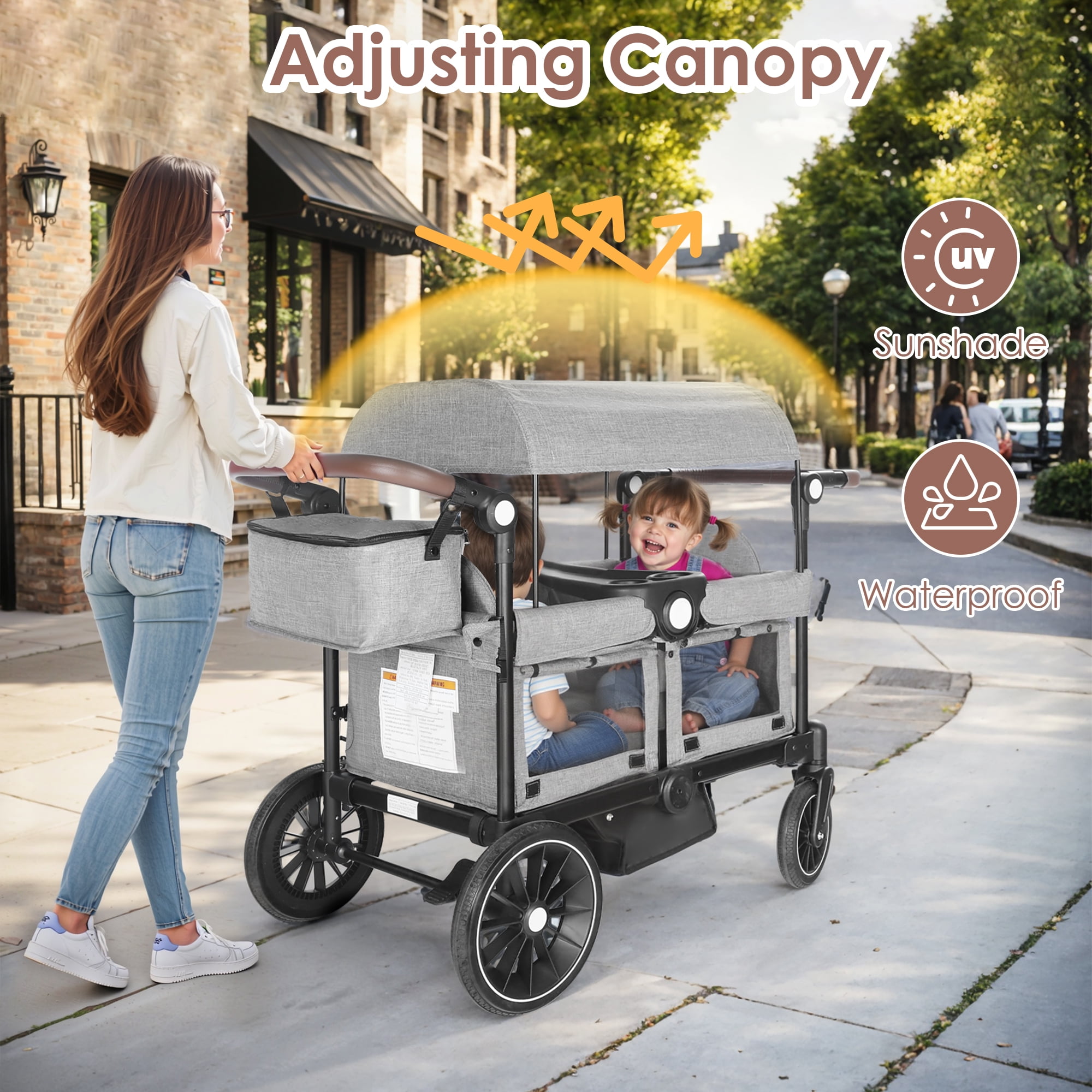 AILEEKISS Collapsible Wagon Stroller for 2 Toddlers with Adjustable Canopy, 44 Pounds, Grey