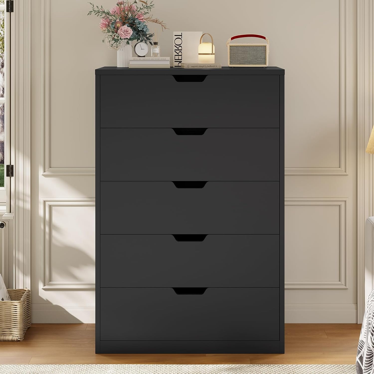 Afuhokles Tall 5 Drawer Dresser, Modern Chest of Drawers for Bedroom, Black
