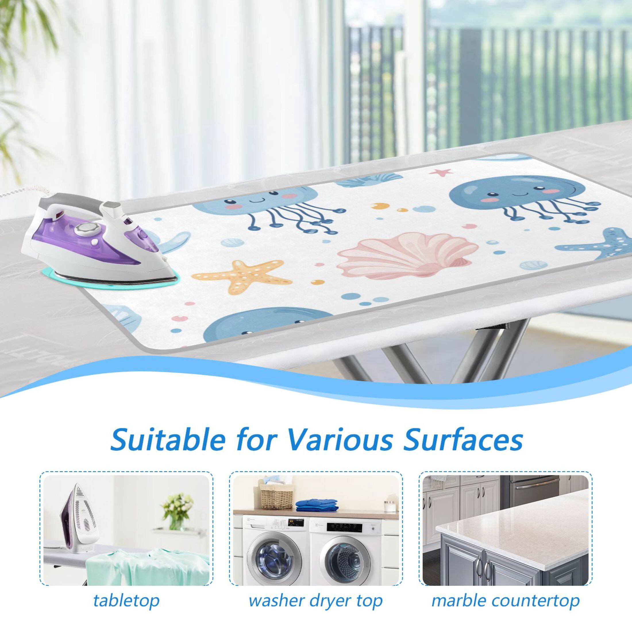Cute Jellyfishes Starfishes Shells Bubbles Soft Pastel Ironing Mat Blanket Portable Travel Ironing Pad Heat Resistant Pad 47.2" x 27.6”