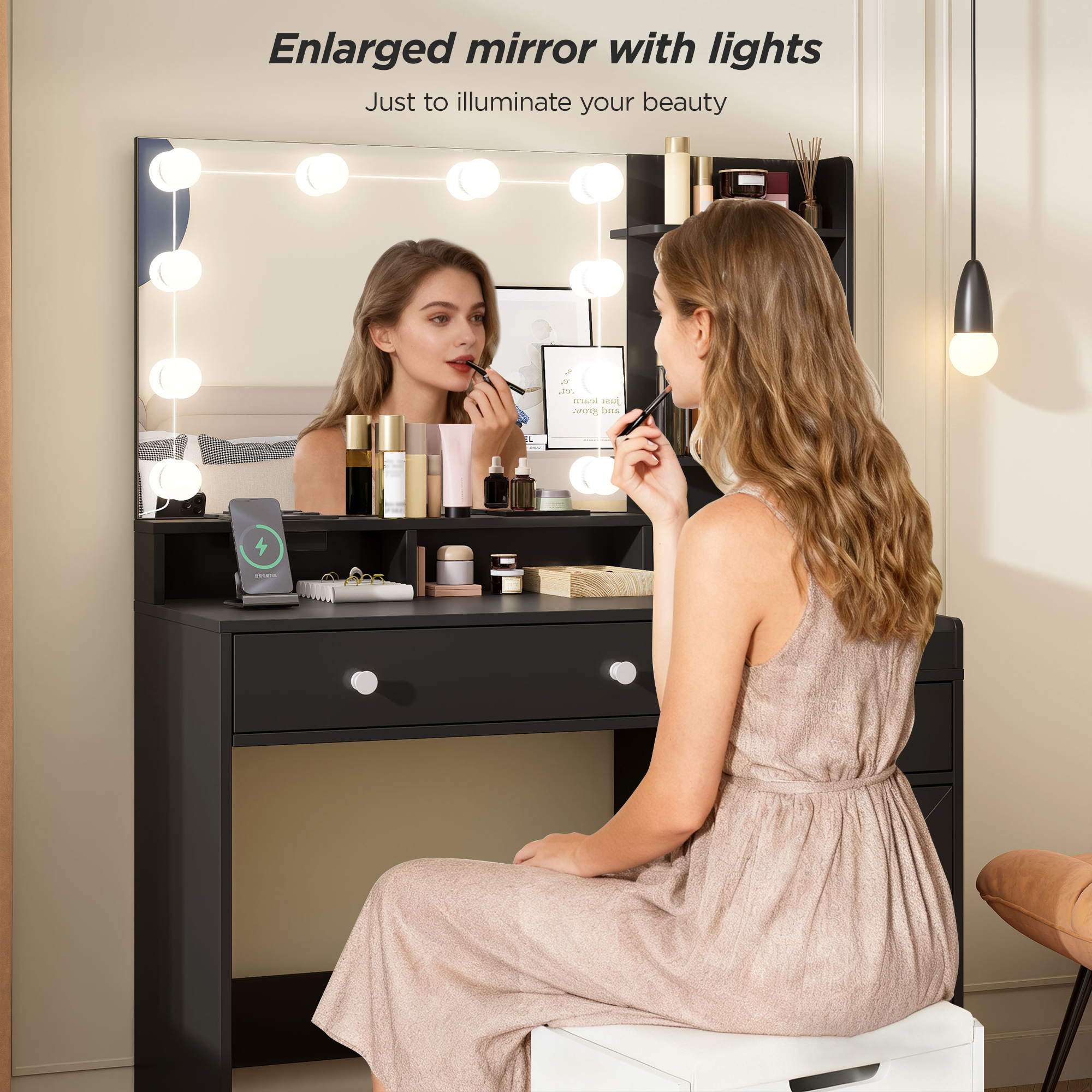Black Vanity Set with Mirror and Lights, Modern Makeup Table with Charging Station