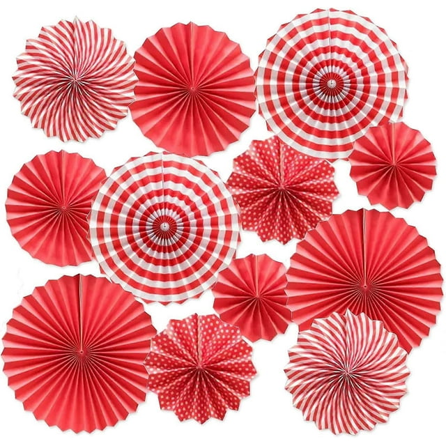 12PCS Party Hanging Paper Fans Set, Fiesta Round Pattern Paper Garlands Decoration Party Supplies for New Year Baby Shower(Red)