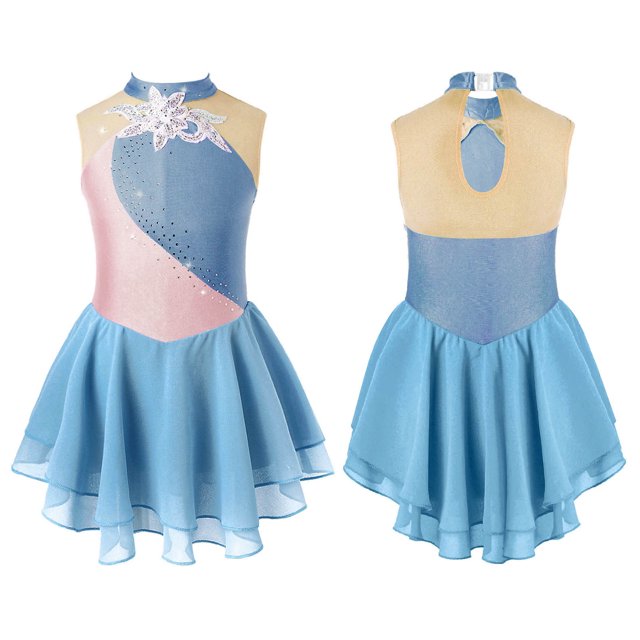 TiaoBug Robe de Danse en Chiffon pour Filles Sans Manches Jupe à Volants Justaucorps Patinage Artistique Ballet Danse Tutu Robe Gris Bleu 16