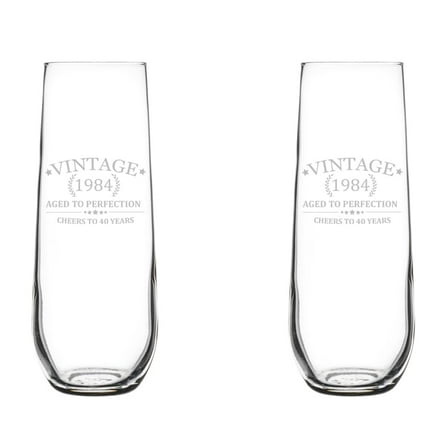 Set of 2 Glass Champagne Flutes Sparkling Wine Glasses Cheers To 40 Years Vintage 1984 40th Birthday (8.5 oz Stemless)