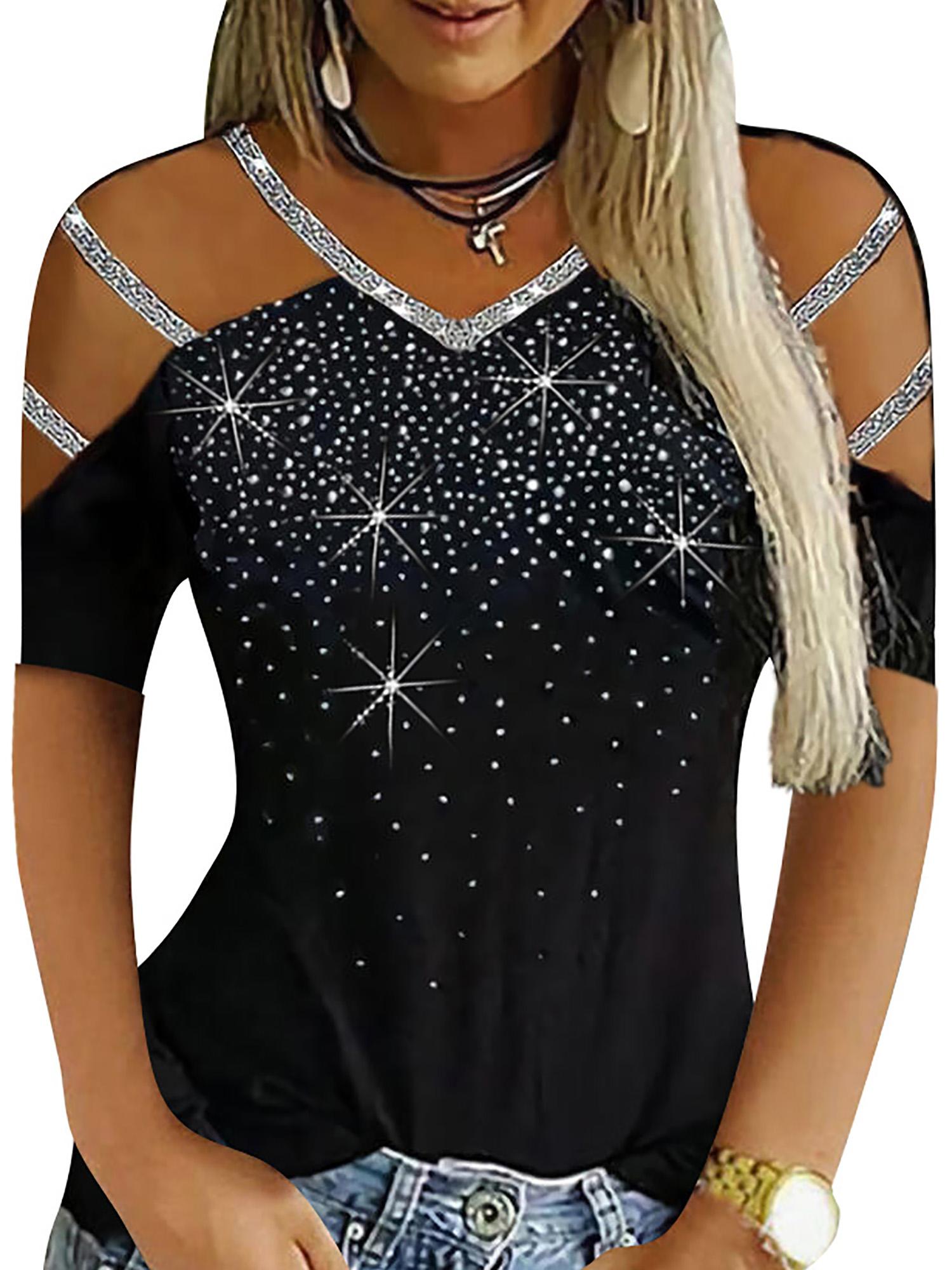VSNOW Women Casual T-shirt Rhinestone Cold Shoulder Short Sleeve Tunic Tops  Blouse - Walmart.com