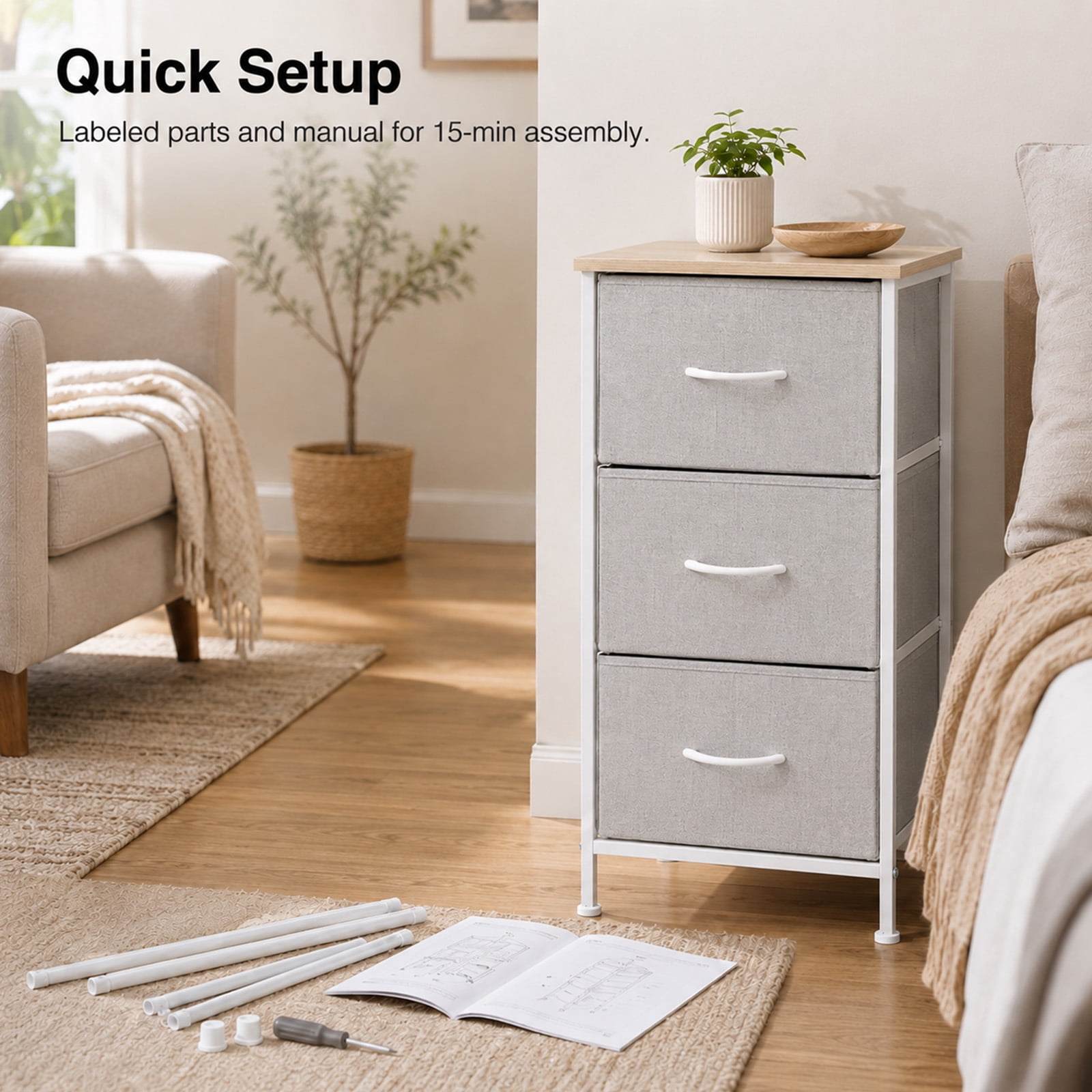 Alvantor 3-Tier Drawer Fabric Dresser, Roomy Fabric Drawers, Compact Nightstand, Bedroom or Closet Use, Chest Of Drawers, Dresser for Small Spaces