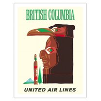 British Columbia - Northwest Indian Totem Pole - United Air Lines - Vintage Airline Travel Poster c.1960s - Fine Art Matte Paper Print (Unframed) 20x26in