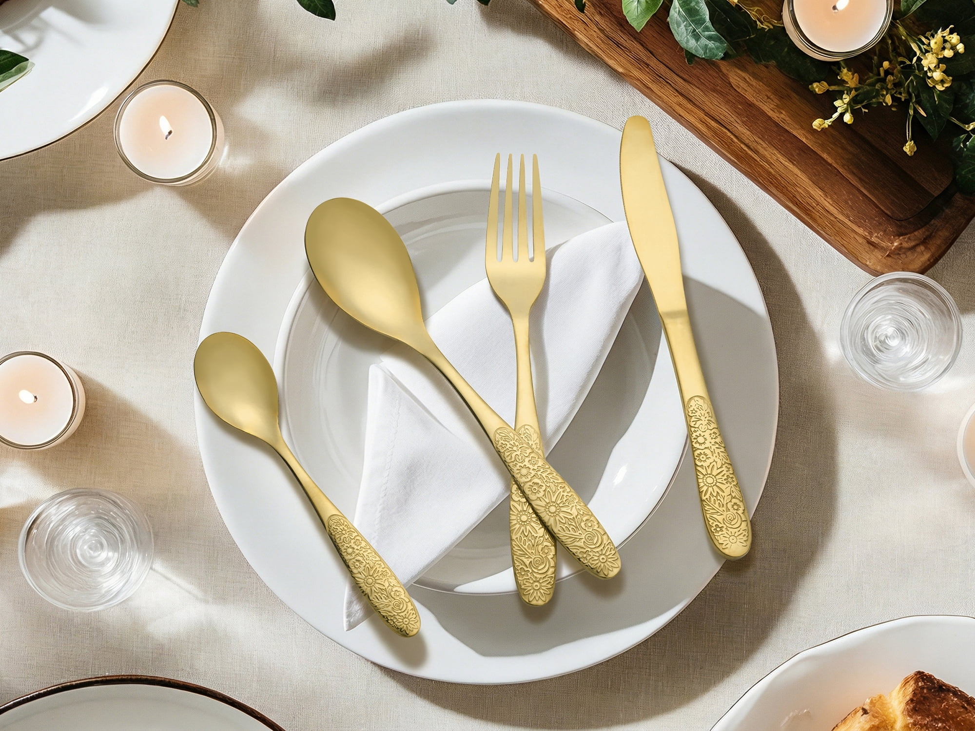 Unique Bargains 4 Piece Stainless Steel Floral Flatware Gold 4