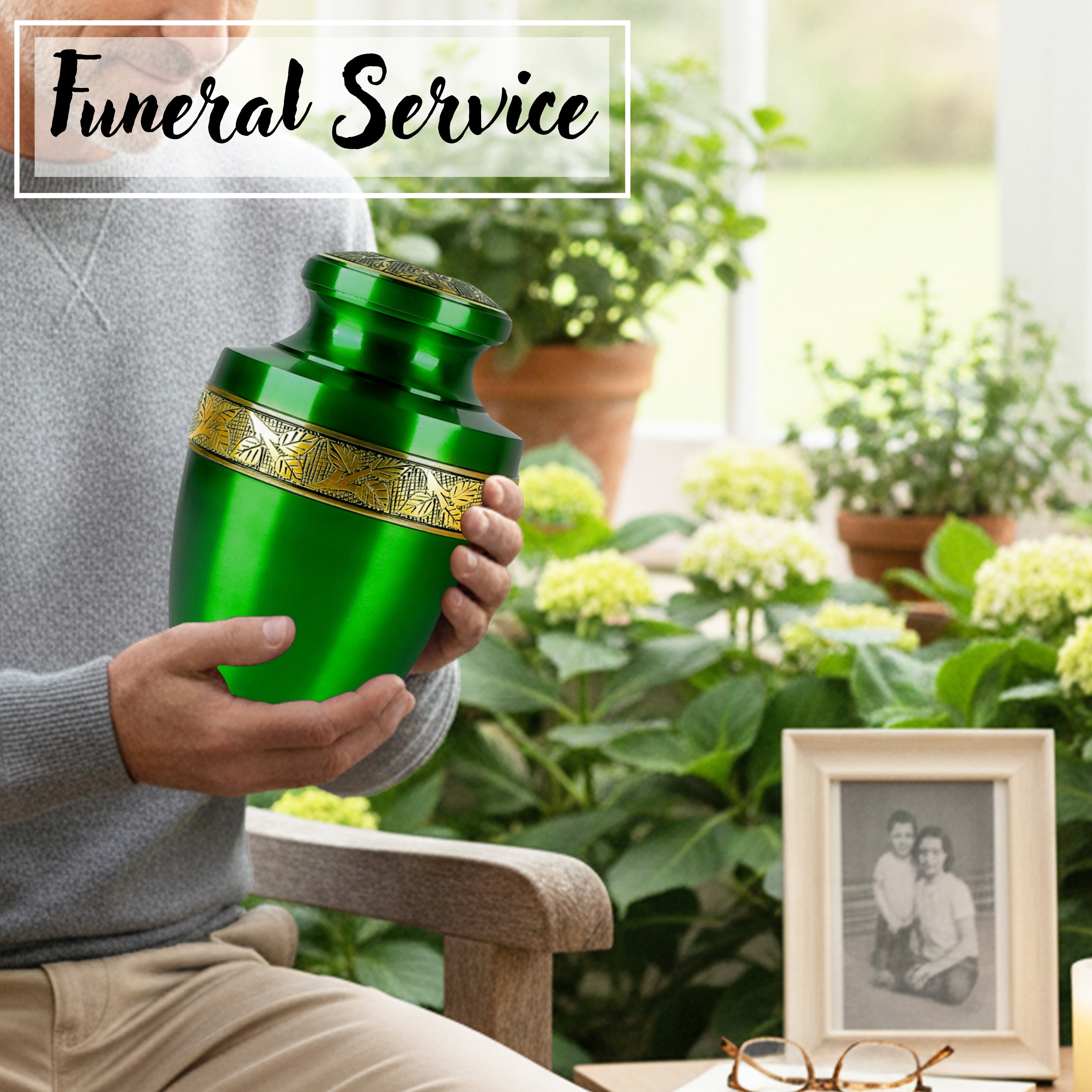 Handcrafted Aluminum Urn - Decorative Memorial Holder for Ashes and Remembrance (Grass Green & Royal Gold)