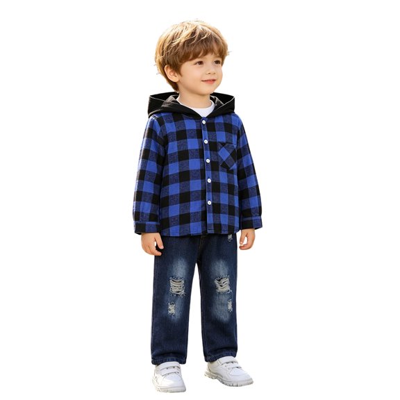 UYYX Boy Outfits Young Boys Classic Hood Outerwear Loose Straight Denim Pants Suit Soft Comfort Spring Outfit(Blue,3-4 Years)